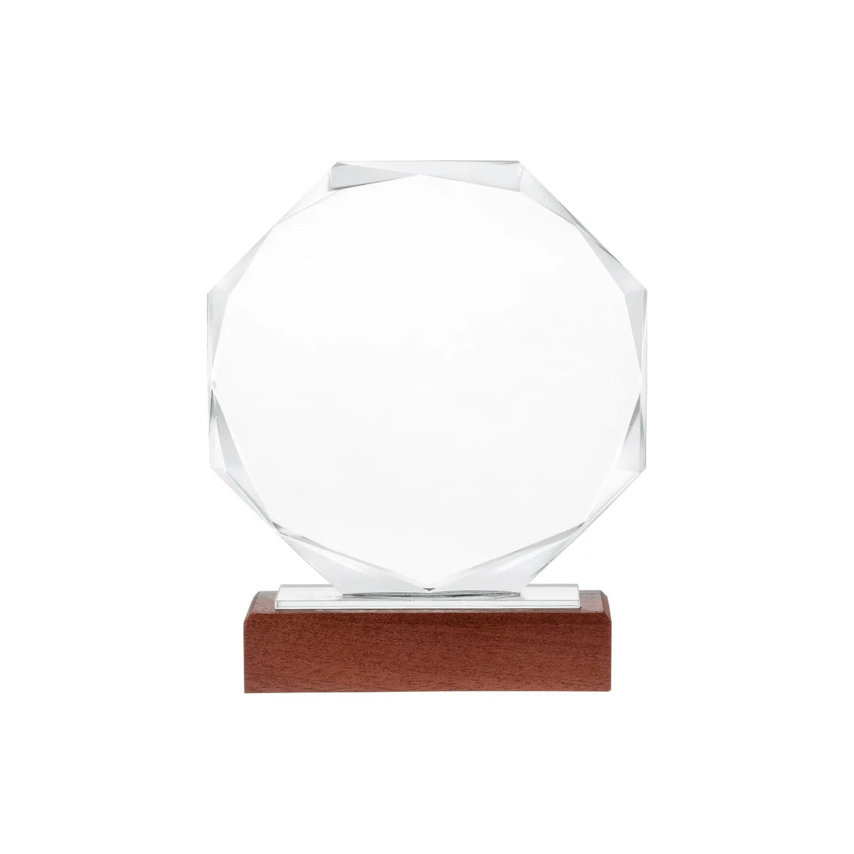 Personalized octagon crystal award with faceted edges on a wood base