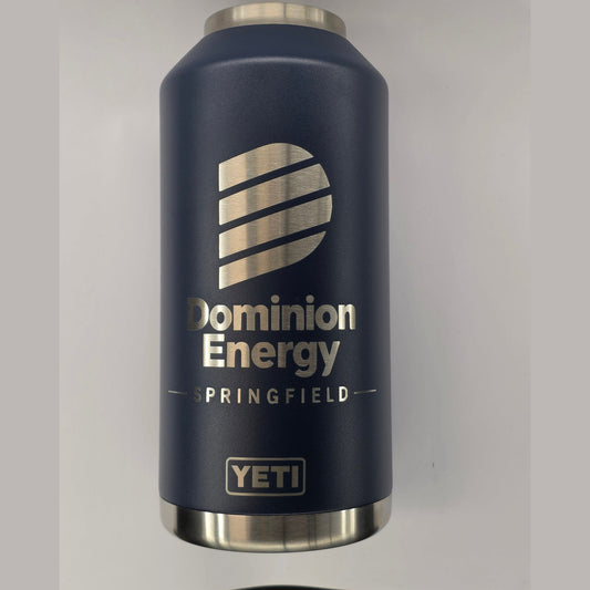 64oz navy stainless steel insulated bottle with a company logo and name laser engraved into the powder coat, exposing bright stainless steel